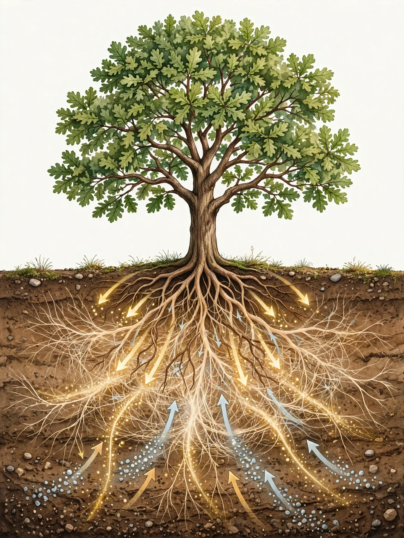 A tree and underground mycorrhizal fungi exchanging resources through the roots